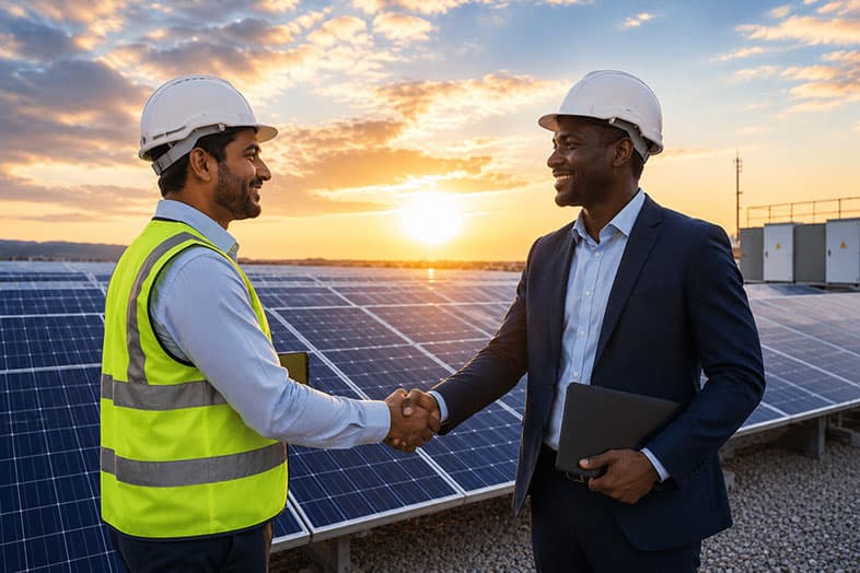 Solar energy workers with panels
